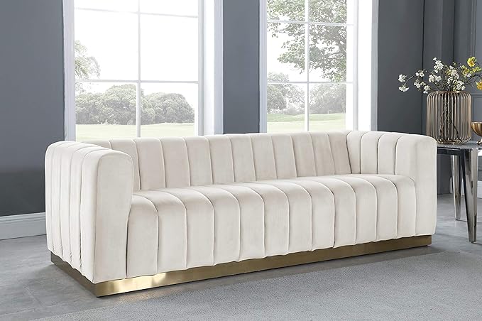 Meridian Furniture 603Cream-S Marlon Collection Modern | Contemporary Velvet Upholstered Sofa with Deep Channel Tufting, Stainless Steel Base in a Brushed Gold Finish, Cream, 86.5" W x 34" D x 28" H