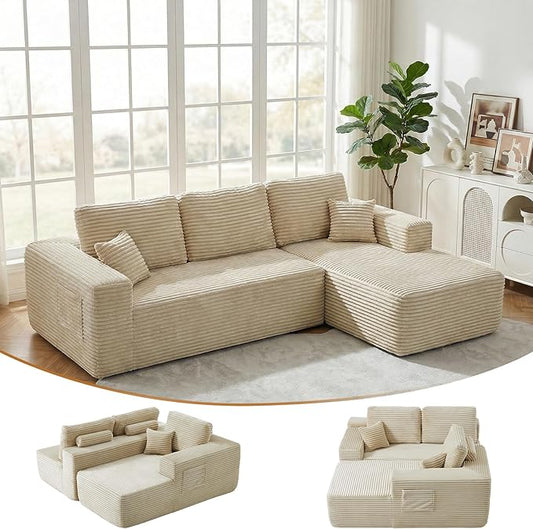 104 inch Boneless L-Shaped Sectional Sofa with Throw Pillow & Side Pockets- No Assembly Compressed Modular Couch, Memory Foam, Deep Seat for Living Room, Bedroom, Apartment White Right