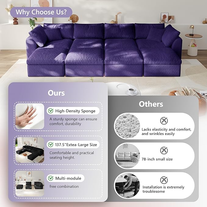 Modular Sectional Sofa Boneless Cloud Couch for Living Room, U Shape Deep Seat Recliner Sofa with Ottoman, Adjustable Backrest & 2 Throw Pillows - Covers Washable, (Purple, 4 Seater+4 Ottoman)