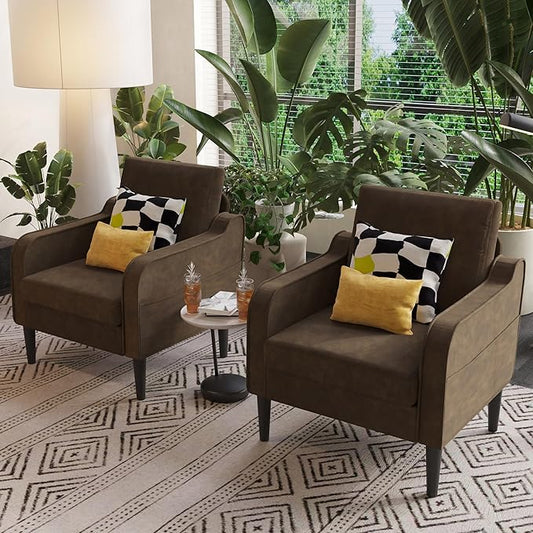 Ribilake Brown Accent Chair Set of 2 - Upholstered Armchair with Side Pockets, Comfy Living Room Arm Chair, Faux Leather Reading Accent Chairs for Bedroom, Living Room, Apartment, Office