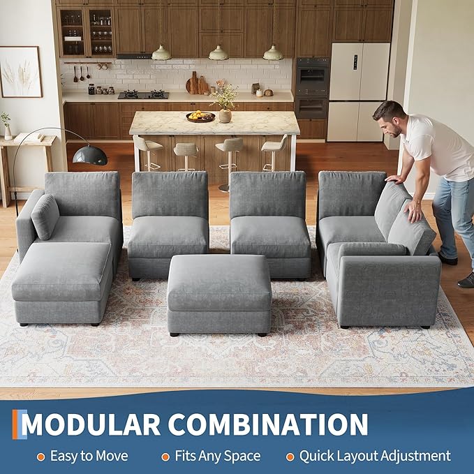 GarveeHome 138" Modular Sectional Sofa, 7 Seater Sectional Couch, U Shaped Sofa with Ottoman, Oversized Convertible Modular Couch for Living Room Apartment Office, Chenille Grey