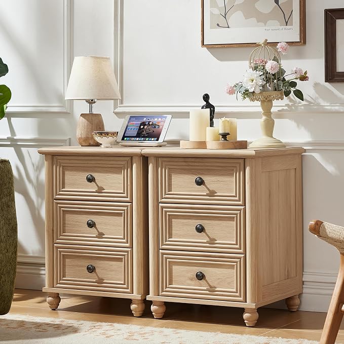 RWYHG 18" Farmhouse Night Stand, Natural Wood Nightstand with 3 Drawers, Bedside End Table with Storage and Roman Column, Bed Side Tables Cabinet for Bedroom, Living Room, and Closet - Image 3