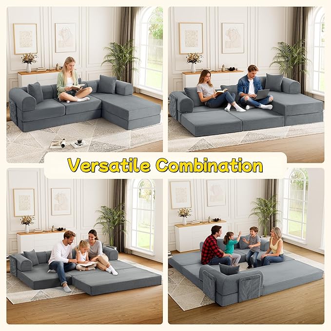 106.3" L Shape Convertible Sleeper Sofa Bed, Oversized Modular Sectional Cloud Sofa with Fixed-Shape Frame & Storage Pocket, Boneless Couch for Living Room, No Assembly Required, Dark Gray