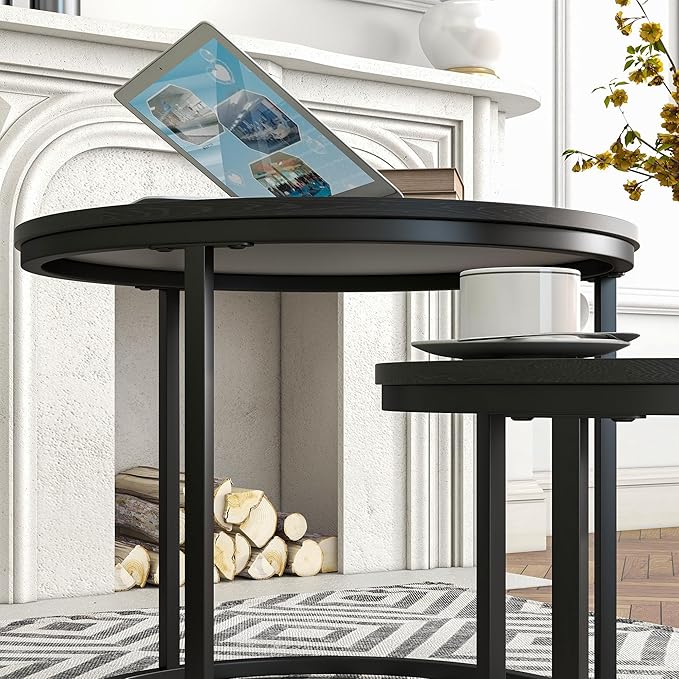 HOJINLINERO Round Coffee Table,Nesting Coffee Table Set of 2,Center Tables for Living Room,Office, Home Small Space,Stacking Side Tables,Sturdy and Easy Assembly,Wood Desktop,Black,Small
