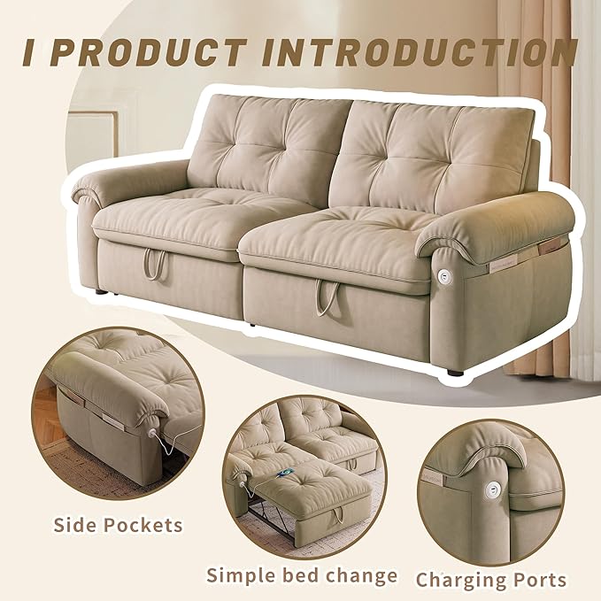 KEIKI 77" Modular Sectional Sofa with Pull-Out Bed, Convertible Sleeper Sofa Bed, 3-Seater Sleeper Sofa Couch for Living Rooms, Bedroom, Apartment, Brown