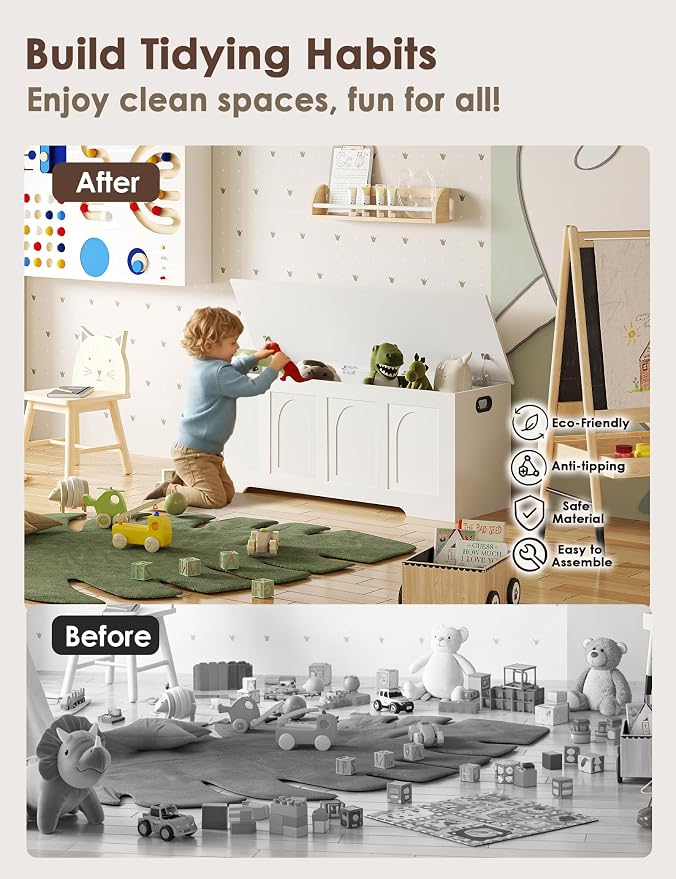 DINZI LVJ Storage Chest, 50” Extra Large Storage Bench with 2 Safety Hinges, Wooden Toy Box with Flip-Top, Large Trunk for Living Room, Playroom, Easy Assembly, White - Image 7