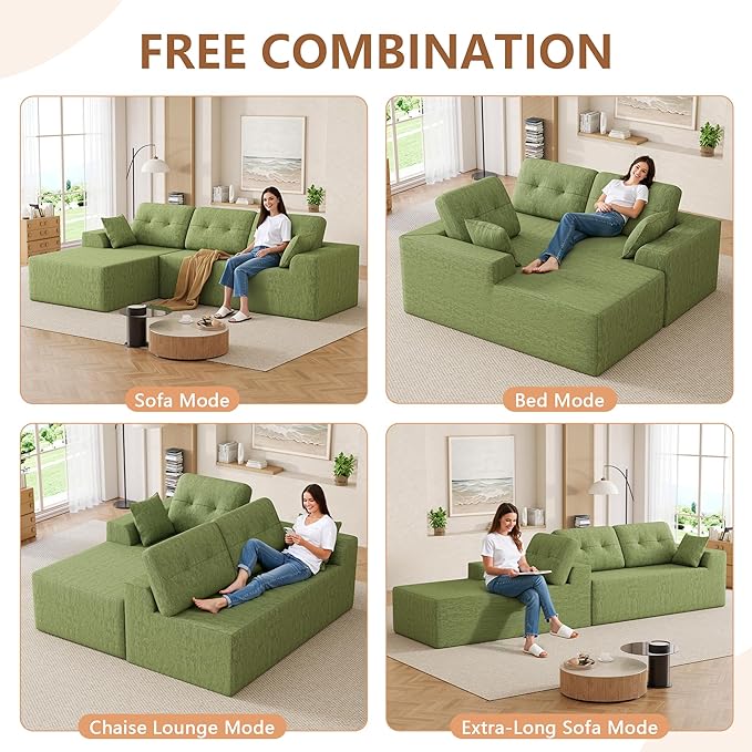 Ball & Cast 106" Modular Sectional Sofa,Cloud Chenille Couch with Deep Seat,Boneless L-Shaped Sectional,Modern Comfort Upholstered Sofa for Living Room,No Assembly Required (Green, Left Facing Chaise)
