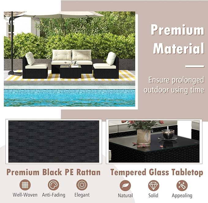 Tangkula 5 Piece Rattan Sofa Set, Patiojoy Outdoor Wicker Furniture Set with Seat & Back Cushions, Square Coffee Table, Patio Sectional Sofa Set for Backyard, Poolside, Garden