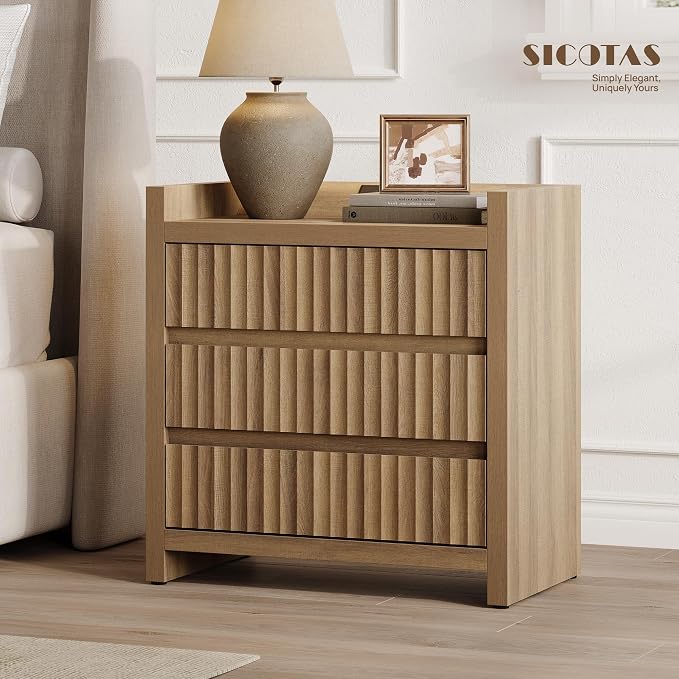SICOTAS Night Stand Set of 2 with Charging Station, USB-C Port, 26" Tall Fluted Nightstand, Large 3-Drawer Bedside Table Mid Century Modern End Table for Bedroom Sofa Side (Reclaimed Caramel Oak) - Image 2