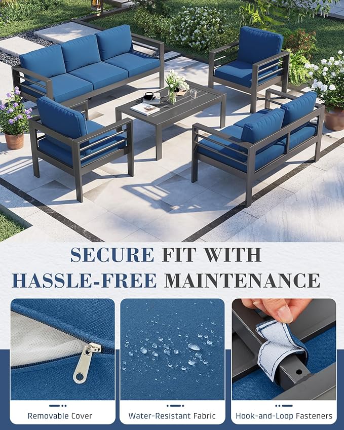 AECOJOY Aluminum Patio Furniture Set, 7 Seats Modern Outdoor Furniture with Coffee Table, 5 Pieces Metal Conversation Sectional Sofa, Blue