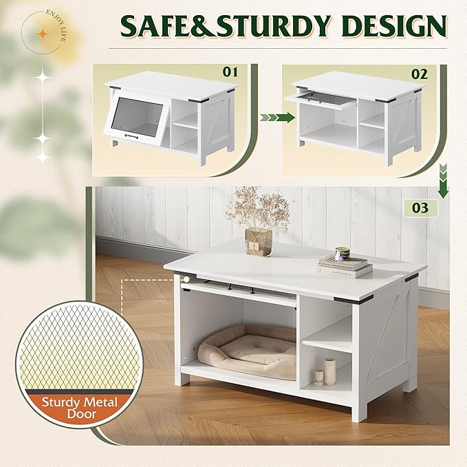 WLIVE Coffee Table with Storage, Modern Coffee Table with Flip-up Door, 2-in-1 Center Table Cat House Furniture for Living Room, Home, White