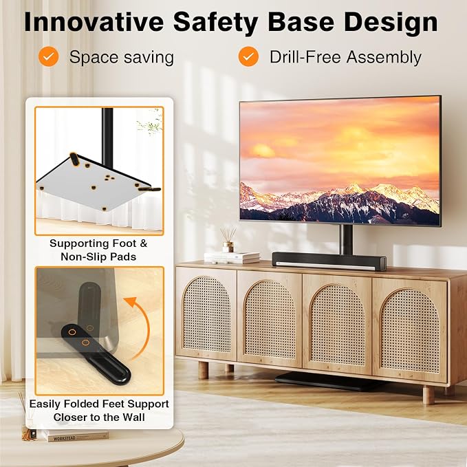 TVON Universal Floor TV Stand with Mount for Most 32-60 Inch TVs up to 88lbs, Height Adjustable TV Floor Stand with Wood Base for Space Saving, Tall Floor TV Stand for Bedroom, Corner & Living Room - Image 5