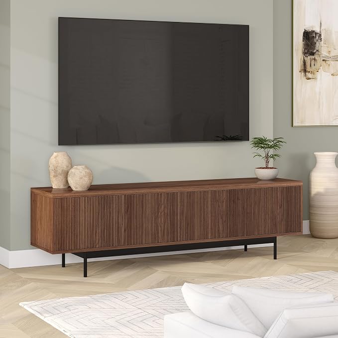 Henn&Hart Fluted TV Stand for TVs up to 75" with 2 Open-Concept Ribbed Storage Cabinets for Living Room, Family Room, or Office, Medium Walnut - Image 7