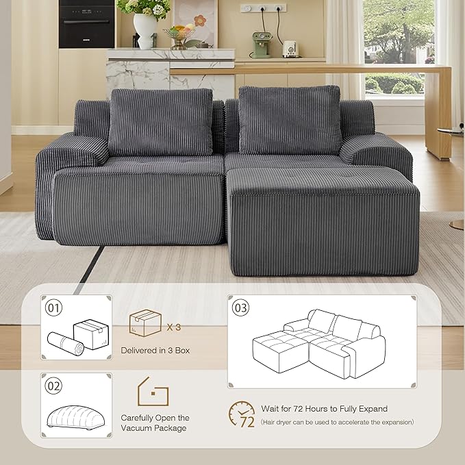 Modular Sectional Sofa, Boneless Couches for Living Room, Corduroy Couch, Big Comfy Couch, Modular Cloud Sofa with Deep Seat (Grey, 3 Pieces-L Shape)