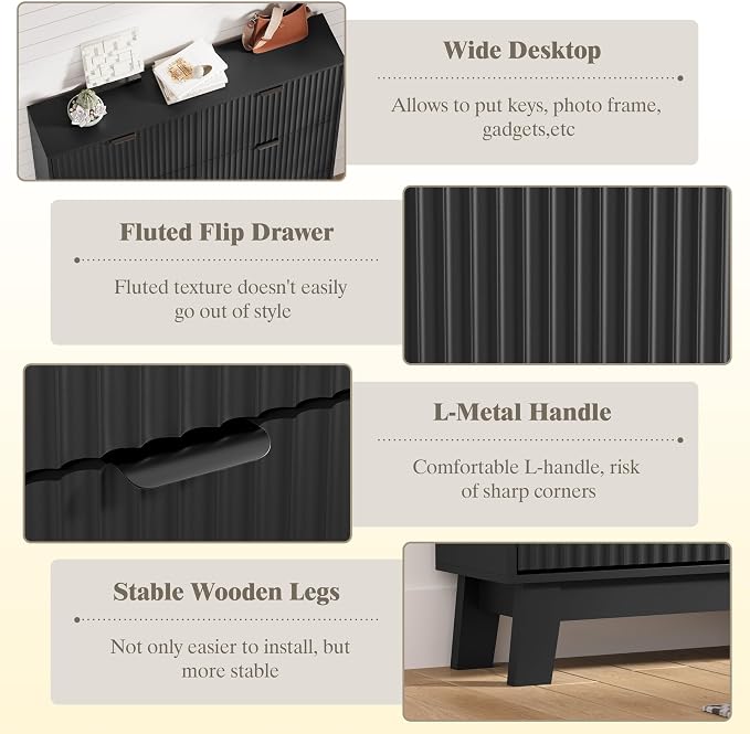 HUANLEGO Shoe Cabinet Storage for Entryway with 6 Flip Drawers, Fluted Narrow Shoe Organizer with Wooden Legs, Freestanding Slim Shoe Storage Hidden Shoe Rack Organizer for Front Door Entrance, Grey - Image 6