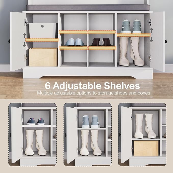 71" Hall Tree with Bench and Shoe Storage, Entryway Hall Tree with 2 Doors and 6 Adjustable Shelves, Cushioned Storage Bench with Coat Rack for Hallway, Living Room, Mudroom - Image 5