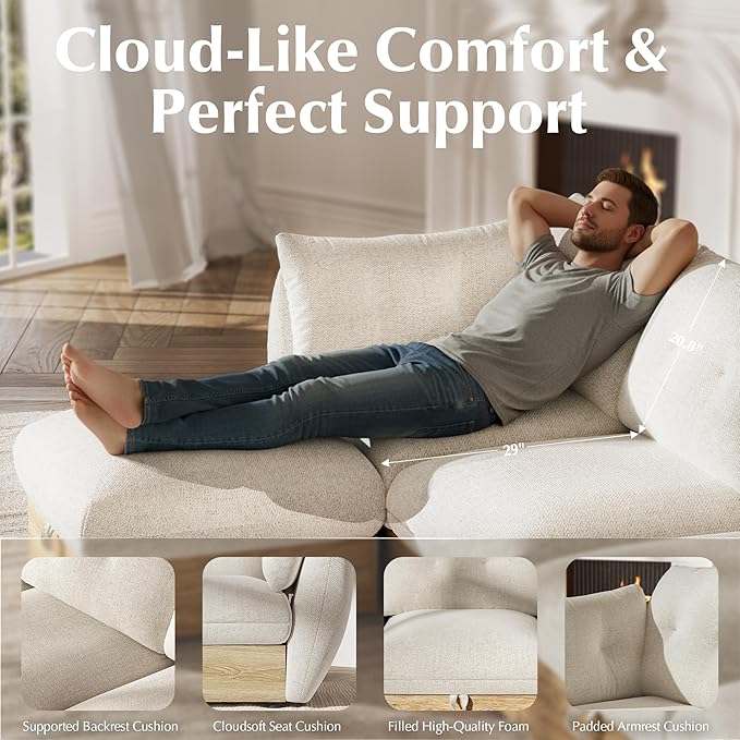 126" 4-Seater Cloud Couch Sectional Modular Sofa with Storage, Cotton and Linen Fabrics Modern Oversized Deep Seat Sofa with Armrest Pillow, Easy Assembly for Living Room, Apartment, Ivory