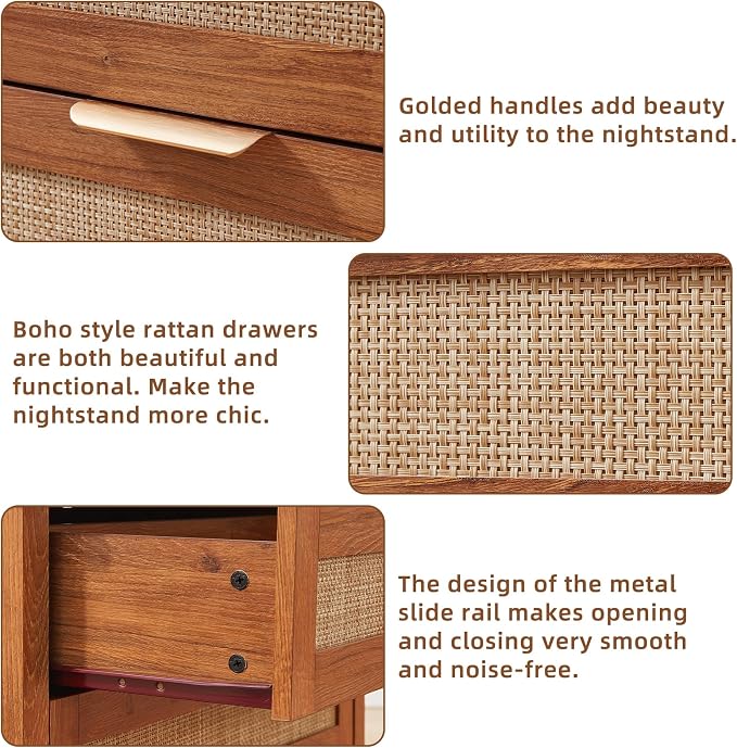 LEYAOYAO 31.5" Wide Rattan Night Stand with Charger Station, Oversized Large Boho Nightstand with 2 Drawer, Tea Brown Bed Side End Tables, Tall Bedside Table for Bedroom Living Room, Hallway - Image 4