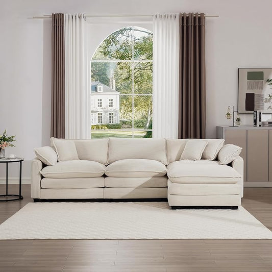 KEIKI 115" L-Shaped Oversized Corduroy Modular Sectional Sofa with 1 Ottoman, High-Density Foam Cushions, Removable Armrests, Upholstered 3-Seater Corner Couch with 5 Pillow, for Living Room, Beige