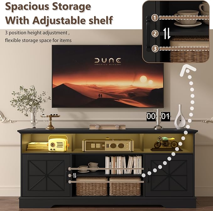 TV Stand for 65 Inch TV, Farmhouse Entertainment Center with RGB LED Lights, 59 Inch Media Console with Adjustable Center Shelf and Storage Cabinets, Rustic Barn Door Style - Image 5