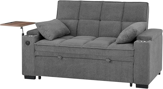 Eafurn Convertible Sleeper Sofa Bed with 360° Swivel Table & USB Ports, Tufted Chenille Loveseat Pull-Out Couch with Storage Armrest & Cup Holders, 6-Level Adjustable Backrest
