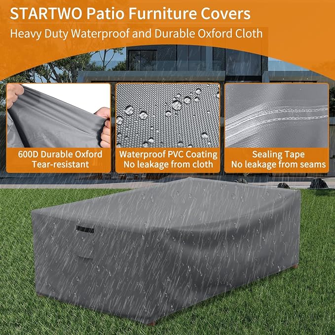 STARTWO Patio Coffee Table Cover Waterproof Patio Furniture Covers, Heavy Duty Durable Rectangular Outdoor Table Cover Fits up to 48L x 28Wx 13H inches, Grey - Image 3