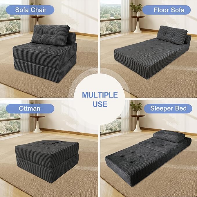 ANONER Folding Sofa Bed, Sectional Couches with Deep Seat and Pillow, Futon Floor Couch, Versatile Convertible Sleeper Chair, Boneless Chaise Lounge, Fold Out Chair Bed for Living Room, Dark Grey