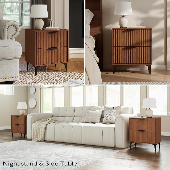 SUNWAVE Walnut Fluted Nightstand Set of 2, Modern Night Stands with 2 Drawers, Bedside Table for Twin/Full/Queen Bed, End Table with Robot-Friendly Metal Legs for Bedroom, Living Room - Image 5