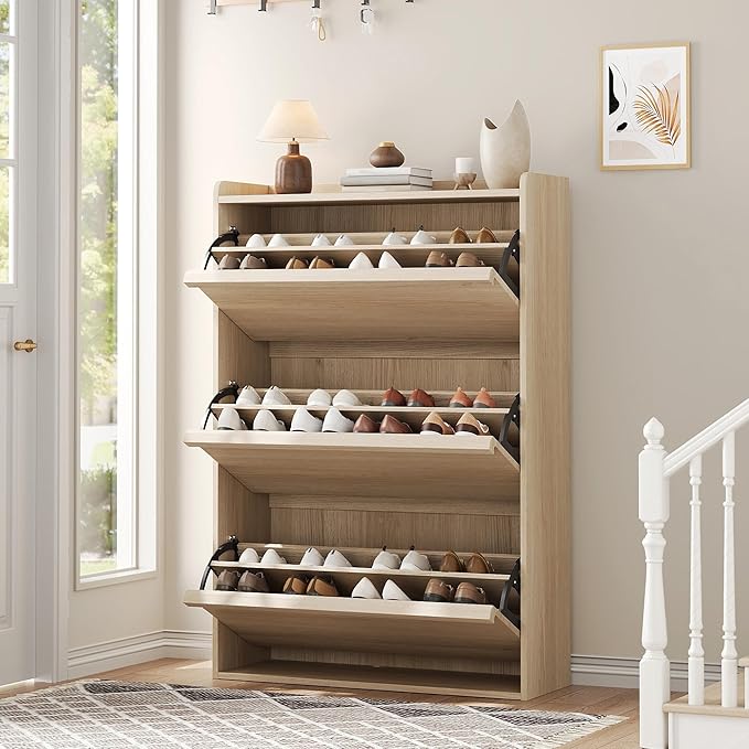 GarveeHome Shoe Cabinet with 3 Flip Drawers, Wooden Shoe Organizer Cabinet with Adjustable Shelf, Shoe Storage for Entryway, Hidden Shoe Cabinet for Hallway, Living Room, Natural Oak by GarveeHome