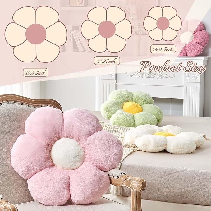 Kcvvcr Flower Pillow Cute Decorative Throw Pillow with Faux Rabbit Fur Soft Daisy Plush Floor Cushion Aesthetic Flower Shaped Pillow Home Decor for Bed Sofa Couch (Pink, 17.7 Inch)