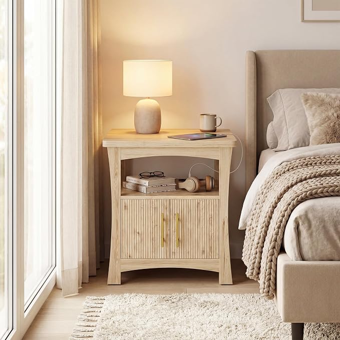 LIKIMIO Nightstand with Charging Station, Wood Night Stand, 23.6inch Large Bedside Table with Storage, End Table for Bedroom, Oak - Image 3