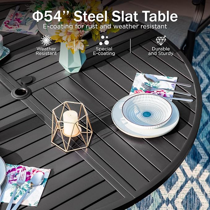 PHI VILLA 7 Pieces Outdoor Dining Set for 6, 54" Round Black Metal Table with Umbrella Hole & Wrought Iron Chairs, Large Outside Furniture with Blue Cushions & Pillows for Patio, Deck, Porch - Image 8