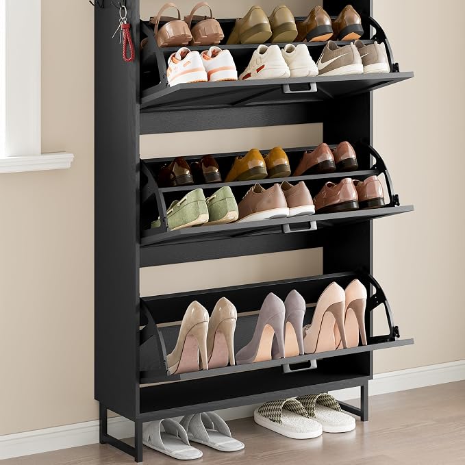 BORNOON Shoe Cabinet with 3 Flip Drawers Narrow Shoe Storage Cabinet Organizer Wooden Freestanding Shoe Rack Hidden Slim Shoes Storage Cabinet for Entryway, Hallway, Living Room, Bedroom - Image 6