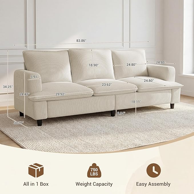 3 Seater Couch, 83" Comfy Corduroy Sofa with Deep Seat, Modern Sofa Couch for Living Room, Office, Bedroom, Apartment (Pillows not Included)