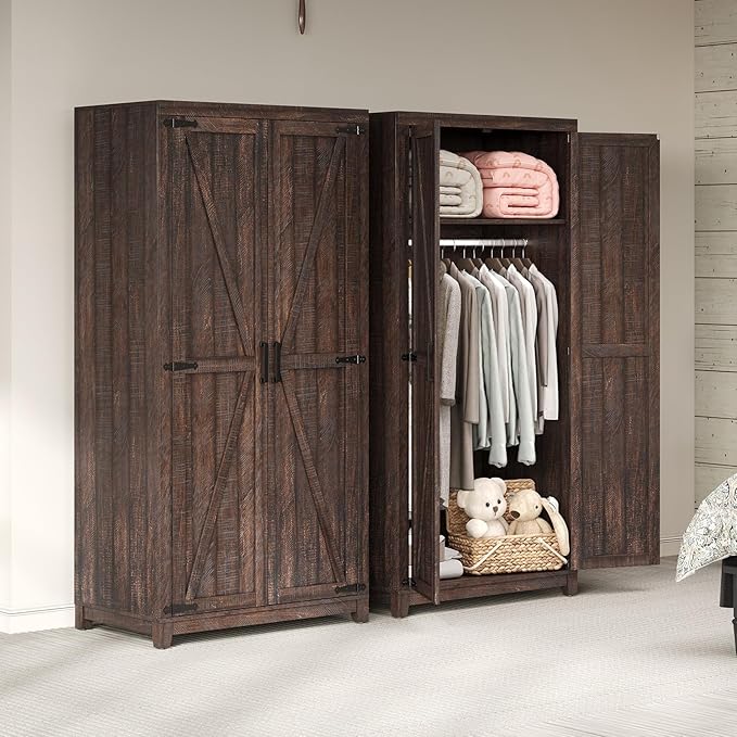 LUXOAK 70" Large Armoire Wardrobe Closet with Hanging Rod, Farmhouse Clothing Storage Cabinet with 2 Barn Doors, Wooden Tall Bedroom Armoires with Shelf, Espresso