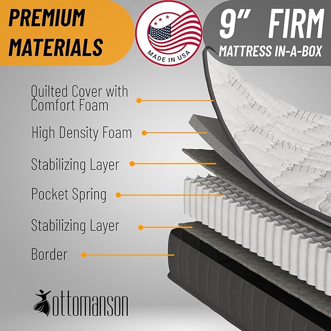 Ottomanson 9" Hybrid Twin Mattress - Firm - Made in USA - Individually Pocketed Coils & CertiPUR-US Foam - Fiberglass-Free - Bed in a Box