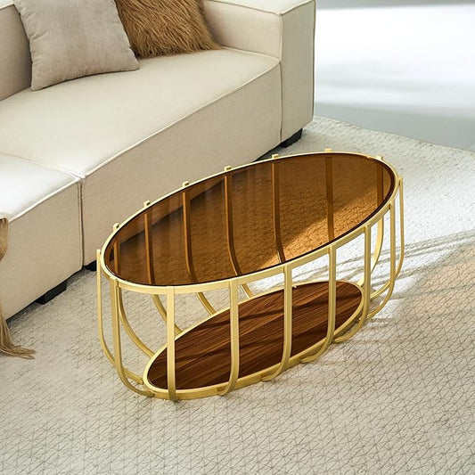 Saint Mossi Glass Oavl Coffee Table for Living Room, Modern 2-Tier Gold Center Table, Brown Glass Top and Walnut Shelf with Gold Finish Legs & Frame