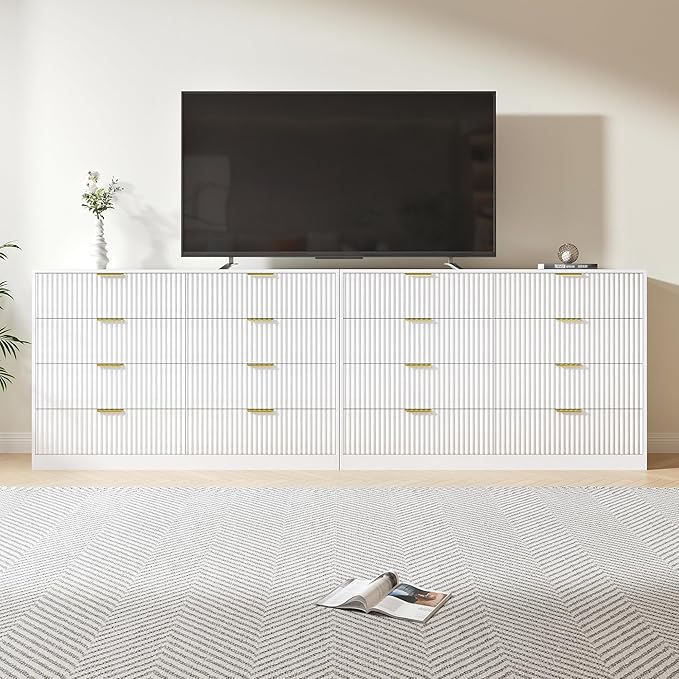Dresser for Bedroom Set of 2, Fluted 16 Drawers White Dresser Wooden, Modern Bedroom Furniture Set, TV Stand Long Dressers & Chests of Drawers for Closet(15.7" D x 110.2" W x 36" H)