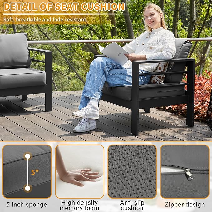 Aluminum Patio Furniture Set, Single Chair Outdoor Set with 5 Inch Cushions, Patio Sofa Sets with Waterproof Covers for Backyard Garden(Grey)