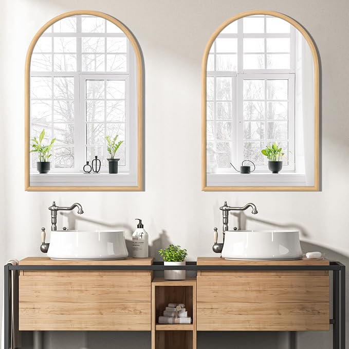 24"x36" Arch Wall Mirror for Wall, Wall Mounted Vanity Mirror for Bedroom, Wood Grain Finish Frame Mirror with Tempered Glass, Vintage Decorative for Bathroom, Entryway, Living Room, Natural - Image 2