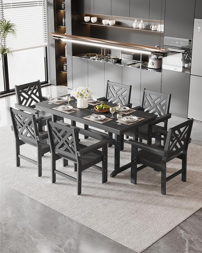 7-Piece Outdoor Dining Set, HDPE All-Weather Patio Table and Chairs Set for 6, Outdoor Patio Furniture Sets with Umbrella Hole for Outside, Deck, Backyard, Garden (Black) - Image 8
