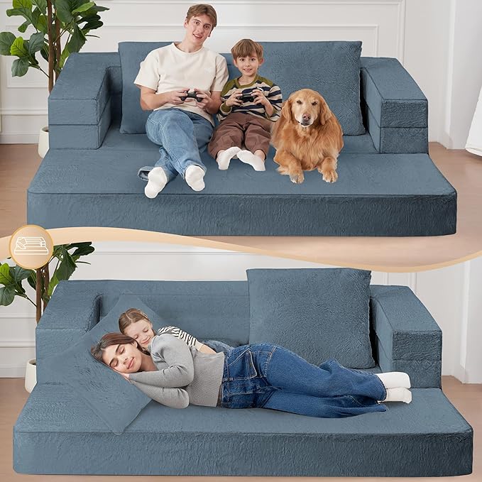 Futon Sofa Bed with Pillow, 3-in-1 Sleeper Sofa Bed with Removable Cover, Convertible Floor Sofa Bed, No Assembly Boneless Couch for Living Room, Bedroom