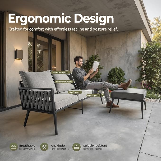 Outdoor Patio Furniture Set, 6-Piece Metal Conversation Furniture Sofa with Coffee Table, All Weather Patio Couch Sofa with Thick Cushions for Balcony Backyard,Dark Grey