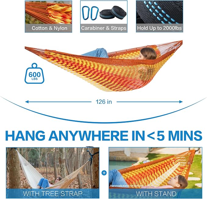 PNAEUT Handwoven Mayan Hammock, Thick Soft Rope Double Hammock for Outdoor Outside & Indoor, 600 lbs Capacity Heavy-Duty, Includes Tree Straps, Carabiners & Carrying Bag (Sunset, X-Large) - Image 6