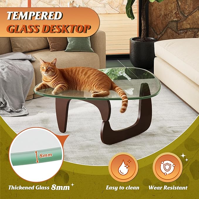 WLIVE Coffee Table, Small Glass Coffee Table with Solid Wood Legs, 36" Mid Century Triangle Living Room Tables, Modern Center Table for Living Room, Reception, Office, Espresso
