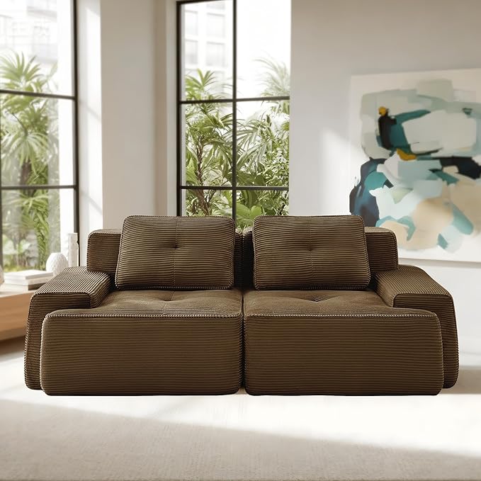 Casaphoria 80'' Corduroy Couch Sectional, 2 Seater Boneless Couches for Living Room, Brown Modular Cloud Sofa with 2-Pillow, Extra Deep Seat Sofa with No Assembly