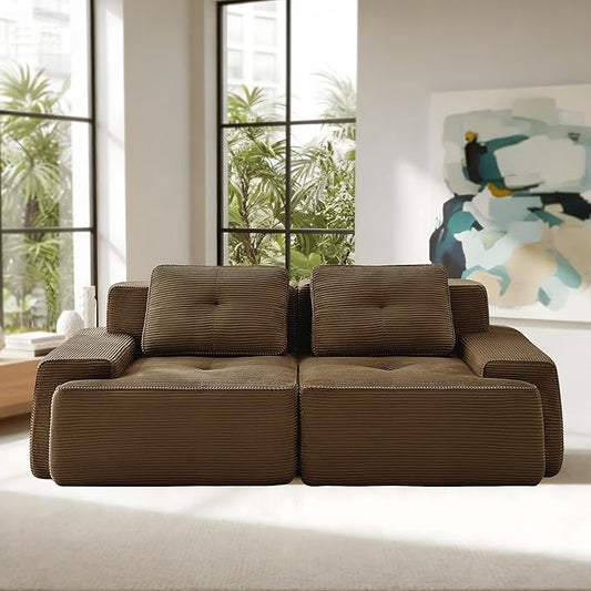 Casaphoria 80'' Corduroy Couch Sectional, 2 Seater Boneless Couches for Living Room, Brown Modular Cloud Sofa with 2-Pillow, Extra Deep Seat Sofa with No Assembly