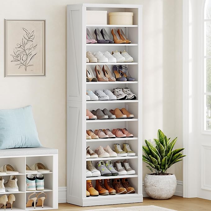 Hzuaneri Shoe Storage Cabinet, 10 Tiers Freestanding Shoe Cabinets, Wooden Shoes Rack with Cubby, 27-30 Pairs, Farmhouse Tall Shoes Cubby Organizer for Entryway, Living Room, White SR52603X by Hzuaneri