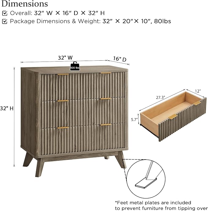 T4TREAM Fluted 3 Drawers Nightstand Set of 2, Oversized Extra Large Modern Side Table, End Table Bedside for Bedroom, Living Room, Curved Profile Design, Grey Alder - Image 3