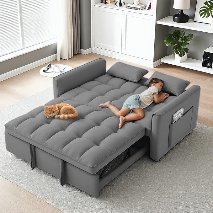 3 in 1 Pull Out Sofa Bed, 54" Sleeper Sofa Bed with 3-Level Adjustable Backrest, Velvet Fabric Loveseat Sleeper Couch for Living Room & Bedroom & Apartment & Dorm Furniture, Dark Grey